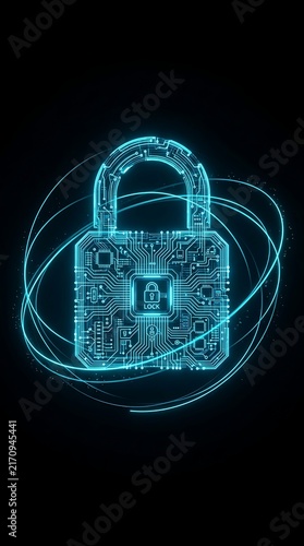 Glowing cyan digital padlock concept depicting network privacy, secure encryption, and advanced technology on black.