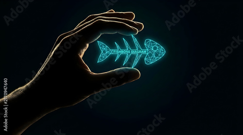 Human hand holding a glowing digital fishbone diagram on black