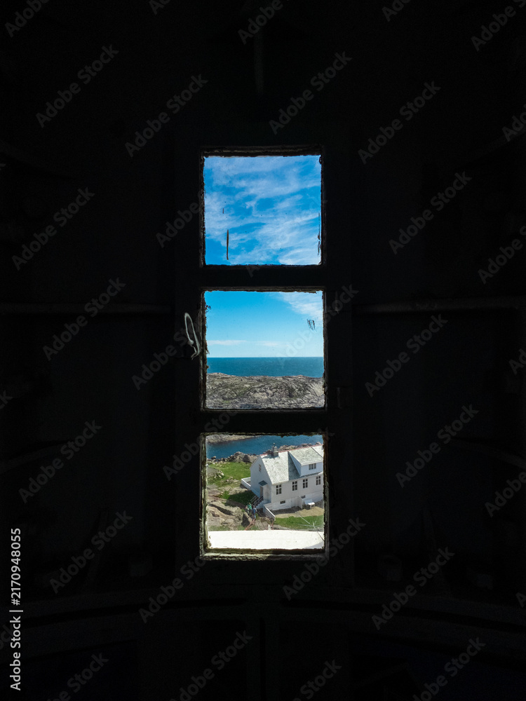 Fototapeta premium View through lighthouse windows at Lindesnes, Norway