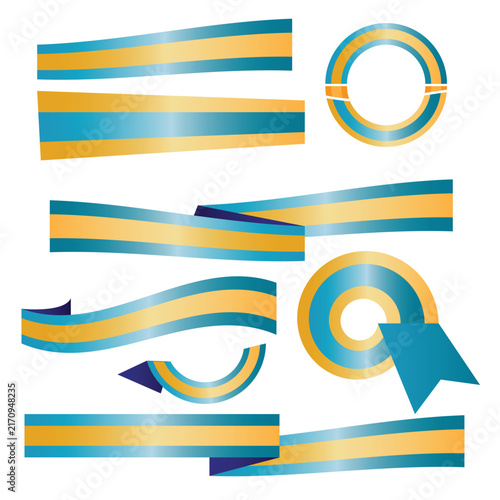 A set of blue and gold ribbons and banners
