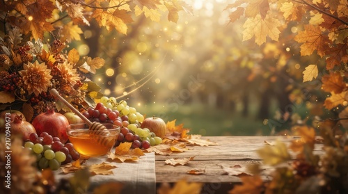 Autumn harvest bounty with grapes apples pomegranates honey and fall leaves Keywords: autumn, fall, harvest, bounty, grapes, apples, pomegranates