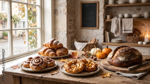Selection of fresh croissants, cinnamon rolls, and artisan bread arranged on a wooden table near a window in autumn.