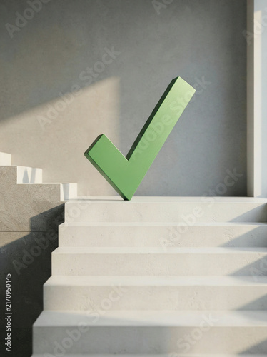 Large green checkmark standing on a middle step of grey concrete stairs
