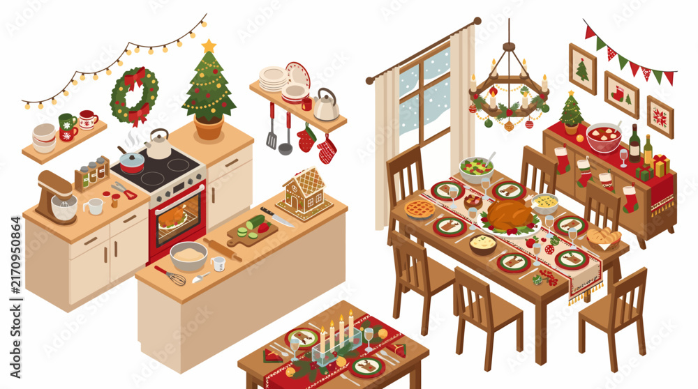 Naklejka premium Cozy Christmas Kitchen and Dining Room Scene.