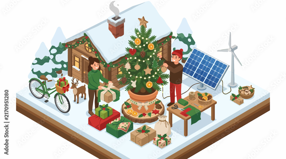 Naklejka premium Ecofriendly Christmas scene with sustainable energy sources and festive decorations.