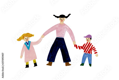Plakat 手をつないで歩く親子と家族のイラスト