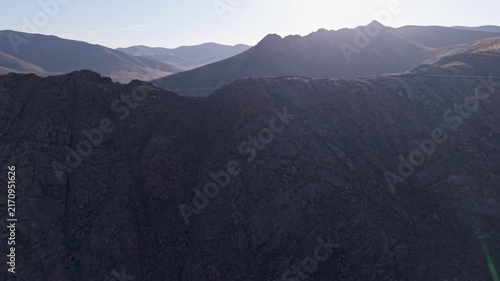 Aerial view from Mirador del Risco de Las Penas which is a famous mountain viewpoint located 426 meters above sea level in the Betancuria park on Fuerteventura, Canary Islands, Spain. 