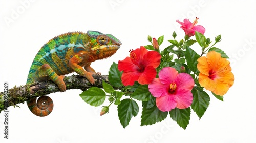 Colorful_panther_chameleon_on_a_mossy_branch_with_vibrant_hibiscus_blooms_isolated_on_white
