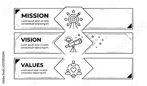 Mission Vision Values Business Infographic Template with Target Telescope and Teamwork Icons