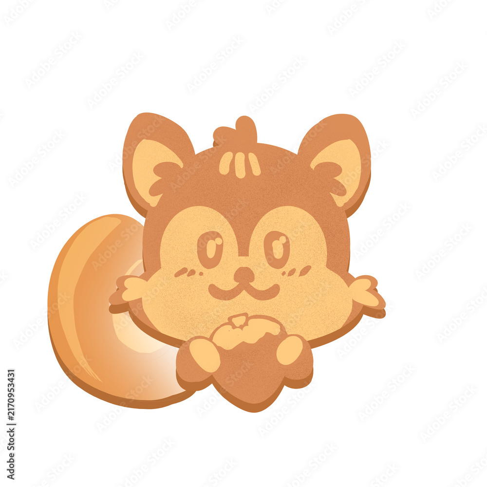 Fototapeta premium Cute cookie colored squirrel character illustration holding acorn, kawaii cartoon animal with fluffy tail
