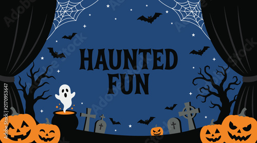 A festive halloween background featuring spooky pumpkins a cute ghost and bats with the text haunted fun for holiday party decorations