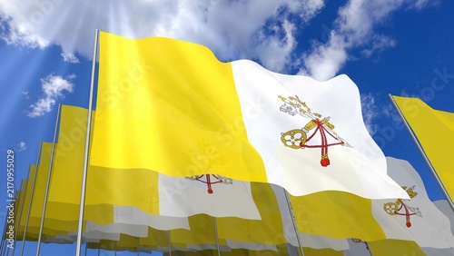 Konstfotografi Multiple Vatican City flags waving on blue sky