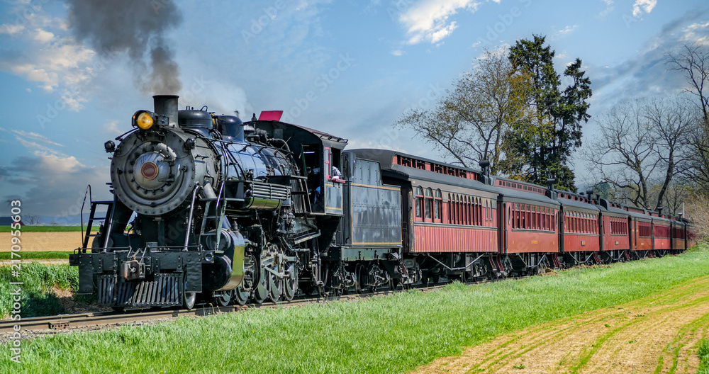 Obraz premium A steam train moves down a track lined with bright green grass and trees. Smoke rises from the train as it passes by a field in the background. The scene captures a moment of railway history.