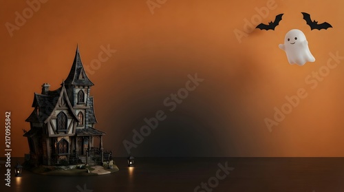 Festive halloween template featuring a haunted house ghost and bats against an orange background with copy space