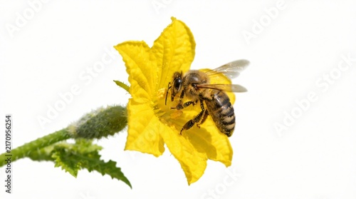 Honey bee gathering pollen on yellow cucumber blossom isolated on white background macro