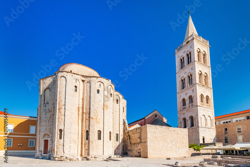 Roman forum, historic square and cathedral of st. Donat in Zadar, Dalmatia, Croatia 
