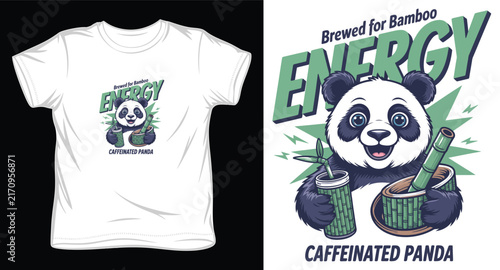 Energy panda holding bamboo juice cup with retro typography mascot design for apparel printing.