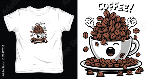 Cute coffee cup character filled with coffee beans vector illustration.