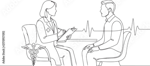 Doctor and patient consultation continuous line art vector illustration