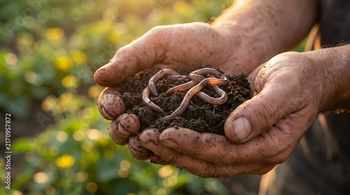 Farmer holding a handful of rich fertile soil with earthworms in his hands, closeup view in a sunny garden