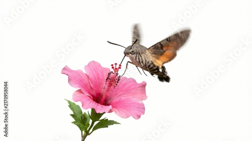 A hummingbird moth with its proboscis extended hovers over a vibrant pink hibiscus flower on a white background
