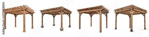 фотографія Four wooden pergolas with lattice roofs and sturdy support posts, arranged in a row against a clean white background for outdoor living and landscaping concepts