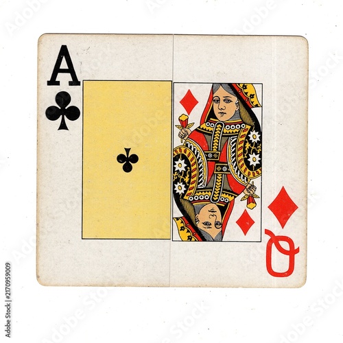 A square pontoon or blackjack playing card made up of two different halves isolated on a white background.