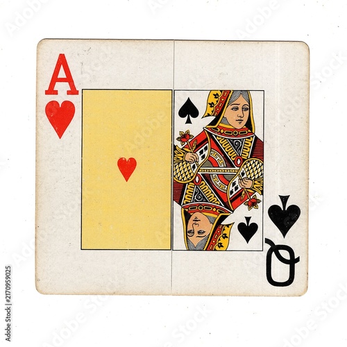 A square pontoon or blackjack playing card made up of two different halves isolated on a white background.
