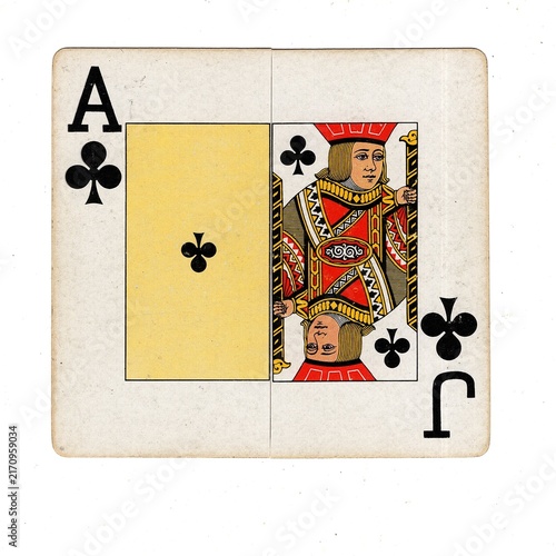 A square pontoon or blackjack playing card made up of two different halves isolated on a white background.