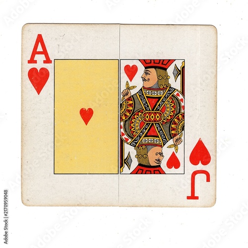A square pontoon or blackjack playing card made up of two different halves isolated on a white background.