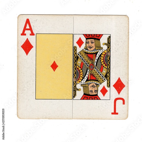 A square pontoon or blackjack playing card made up of two different halves isolated on a white background.