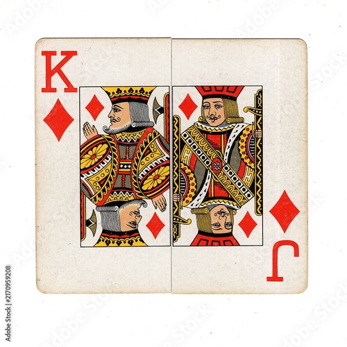 A square pontoon or blackjack playing card made up of two different halves isolated on a white background.