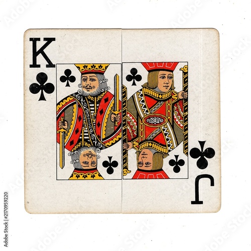 A square pontoon or blackjack playing card made up of two different halves isolated on a white background.