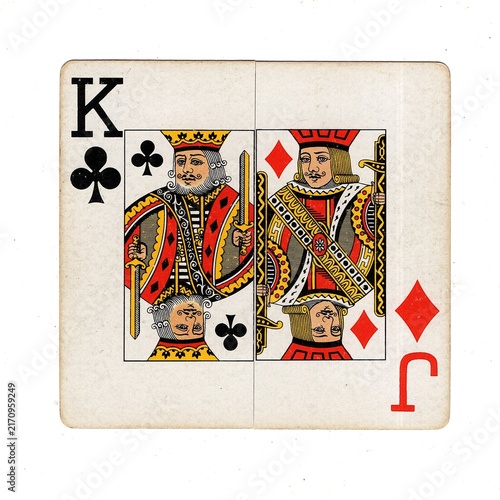 A square pontoon or blackjack playing card made up of two different halves isolated on a white background.