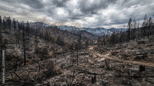 Fototapeta Charred Forest and Winding Road After Devastating Wildfire