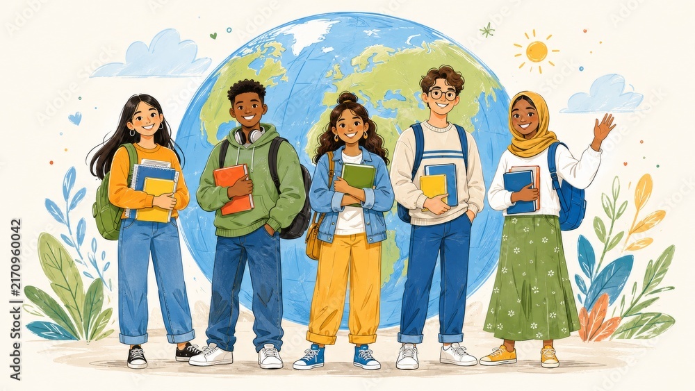 Obraz premium Diverse Students Standing in Front of Globe, Global Education Illustration