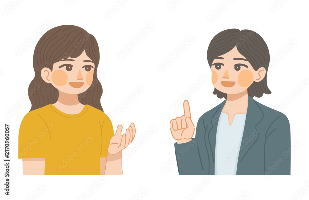 Fototapeta premium 笑顔で話し合いをする顧客の女性と、営業の女性のイラスト