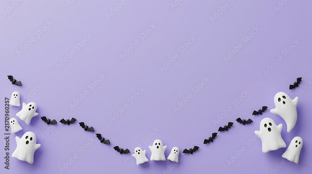 Fototapeta premium Halloween decoration with white ghosts and black bats on a lilac background