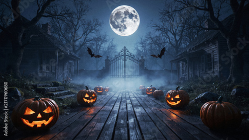 Принти на полотні Halloween Jack-O-Lanterns on Wooden Path with Iron Gate, Abandoned Houses and Fu
