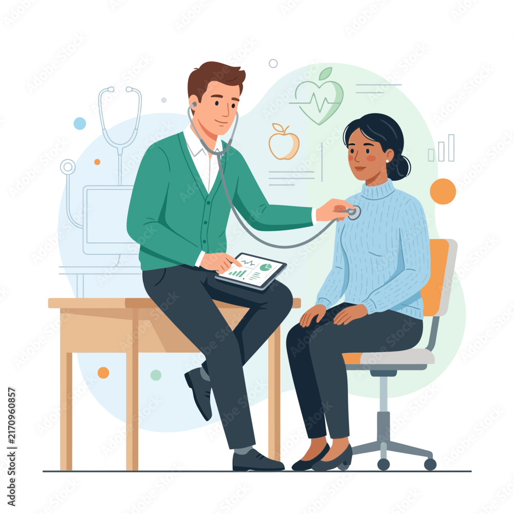 Fototapeta premium Doctor examining patient with stethoscope, focusing on health and wellness icons and data visualization