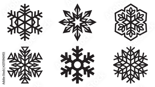 A varied set of six elegant black snowflake symbols illustrating winter cold weather Christmas festive season and holiday decorations with intricate geometric patterns vector illus