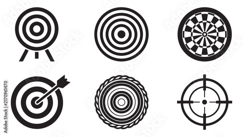 Collection of various aiming target icons including archery boards dartboards and crosshairs representing goal achievement precision and success in a clean graphic vector illustrat
