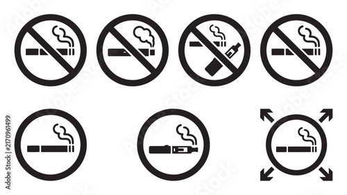 Assortment of smoking and no smoking prohibition signs traditional cigarettes electronic vape devices public health safety designated zones vector illustration