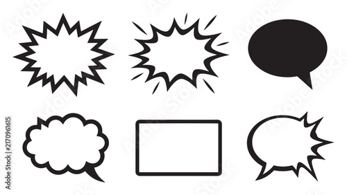 Dynamic collection of black and white comic book style speech bubbles explosion bursts thought clouds and rectangular text box shapes for communication design and graphic elements