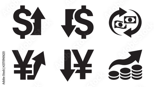 Financial currency symbols and economic indicators showing dollar and yen exchange rates with upward and downward trends alongside a growing money chart vector illustration