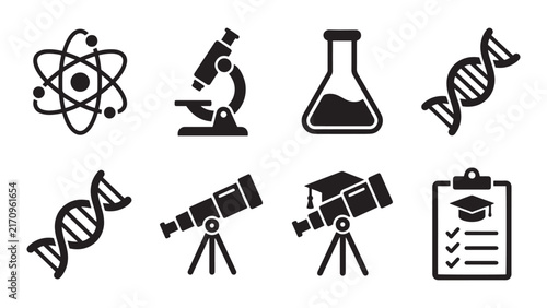 Clean and modern collection of essential science and education icons featuring an atom microscope flask DNA strands telescope and academic symbols vector illustration