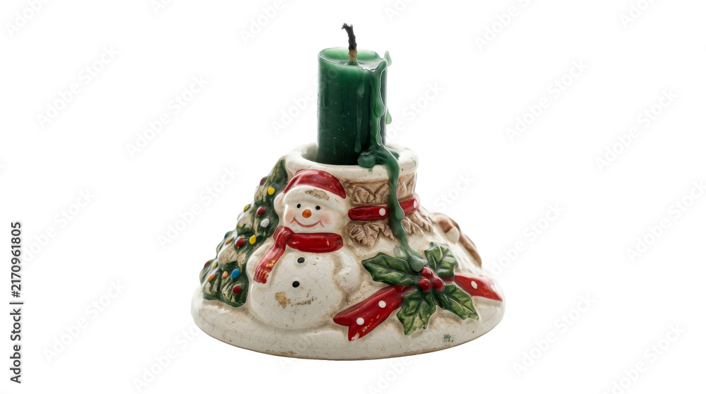 Fototapeta premium Christmas candle holder with snowman and holly decoration