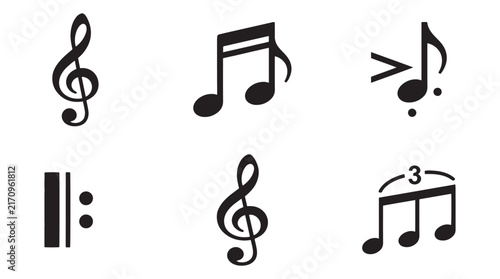 Collection of black silhouette musical notes and symbols including treble clef eighth notes and repeat sign for music education and entertainment design projects vector illustratio