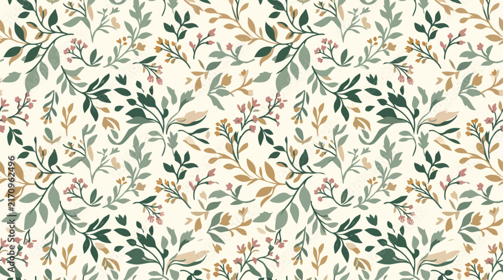 Fototapeta premium Delicate Wildflower Seamless Pattern Vector Background with Botanical Leaves and Small Berries
