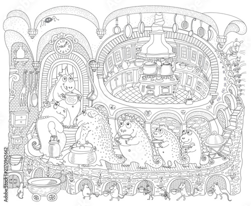 Vector thin line illustration for coloring book page. Fairy tale dragons, rats and cockroaches standing in line for the kitchen free food